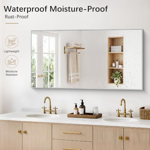 Image of DESBING 30 inch x 55 inch Bathroom Mirror, Silver Metal Frame Wall Mirror