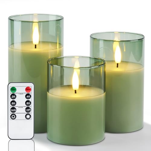 Image of Amagic Green Glass Flameless Candles with Remote and Timer for St. Patrick's Day, Real Wax Battery Operated Candles, Flickering Electric LED Pillar Candles, Home Party Decor, Set of 3