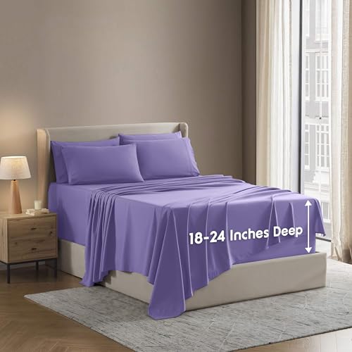Image of Nestl Extra Deep Full Sheet Set - 6 Piece Breathable & Cooling Sheets - Hotel Luxury Bedding Set w /18-24 Inch Deep Pockets - Easy & Secure Fit - Super Soft, Wrinkle Free & Comfy - Lavender