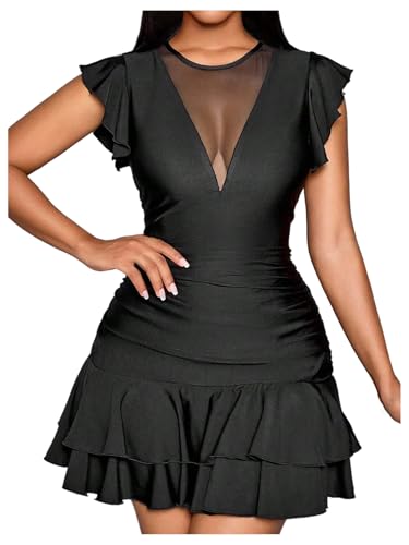 Women's Ruffle Layered Mini Dress Y2k Ruched Crew Neck Cap Sleeve A Line Going Out Dresses