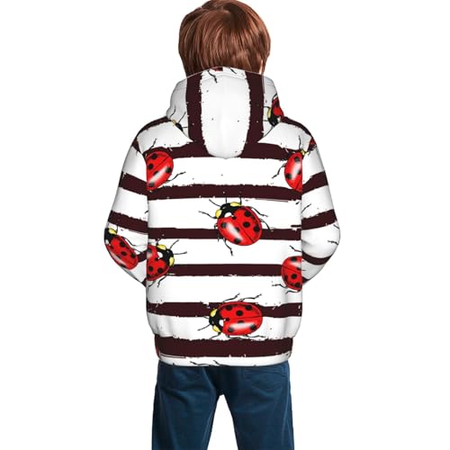 Ladybugs on Black and White Striped1 Kid Hoodies Boys Sweatshirts Girls Pullover with Pocket4