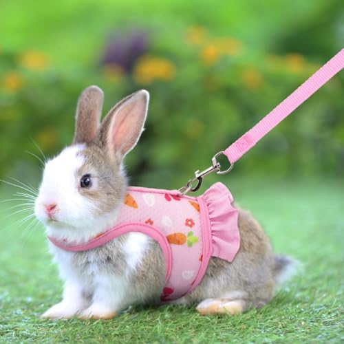 Image of Pink Rabbit Leash and Harness Set,Proof Walking Escape Cute Floral Mesh Vest Breathable Rabbit Costumes for Bunny, Hiking, Training for Ferret Kitten Puppy Small Animals Pink S