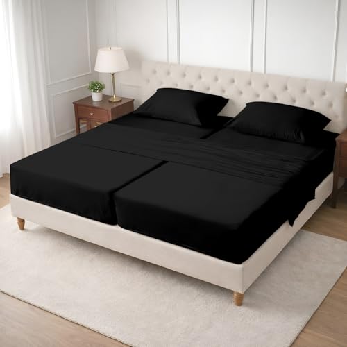 Image of SGI Split King Sheet Set for Adjustable Bed Egyptian Premium Cotton 600 Thread Count Sheets for Sleep Number Bed 15 inch Deep Pocket 5 Pc Set with 2 Twin XL Fitted Sheets Soft Breathable -Black