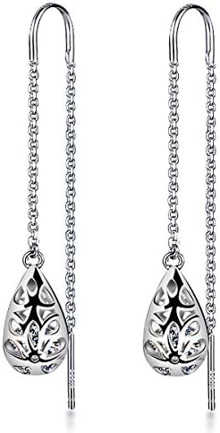 925 Sterling Silver zirconia Needle Drop Threader Pull Through Filigree Earrings for Womens