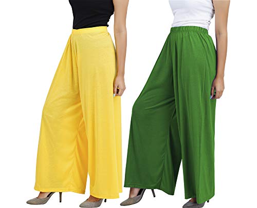 Image of Buy That Trendz M to 4XL Cotton Viscose Loose Fit Flared Wide Leg Palazzo Pants for Women Yellow Jade Green Combo Pack of 2 XXXX-Large