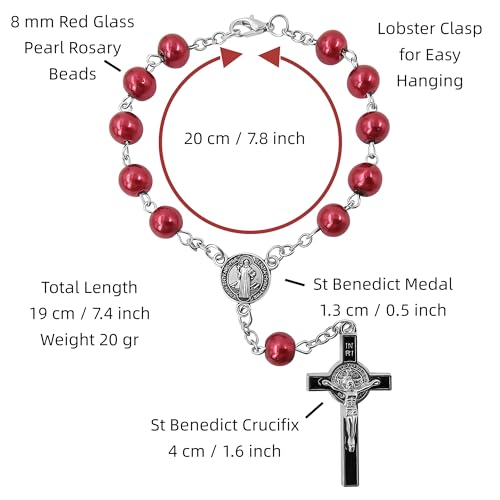 TALISMAN4U Sacred Saint Benedict Medal One Decade Catholic Rosary for Car Rearview Mirror Glass Pearl Beads Auto Rosaries Bracelet for Women Men St Benedict Crucifix Religious Gift3