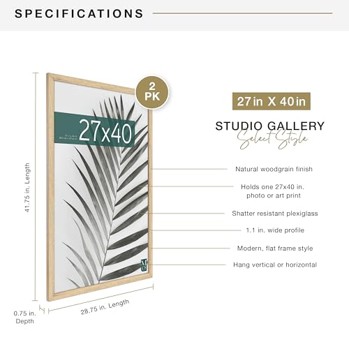 MCS Studio Gallery Movie Poster Frame 27x40 Natural Woodgrain, Vertical & Horizontal Wall Hanging Large Picture Frame for Photos, Artwork & Custom Posters (2-Pack)