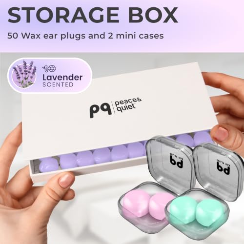 Image of Peace&Quiet PQ Wax Ear Plugs for Sleeping, Swimming - 50 Soft Noise Cancelling Silicone Gel Wax Earplugs for Sleep and Swimmers, Ear Protection with Sound Blocking Level of 32 Db, Lavender