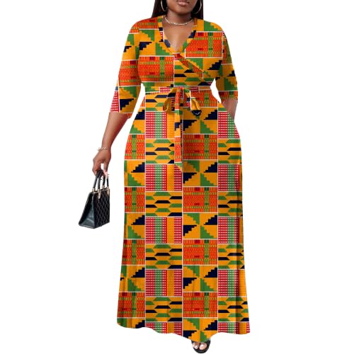 Image of Nmoder Plus Size Maxi Dress for Women - Summer Casual 3 /4 Sleeve Floral Flowy Long Dress with Belt XL- 6XL