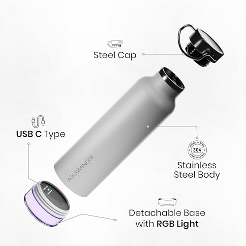 Image of Aquaminder Smart Water Bottle | RGB LED Glow & Timer Hydration Reminder with BT Mobile Phone Connection, Thames with App 600 ML|BIS Certified Made in India Smart Water Bottle (OffWhite)