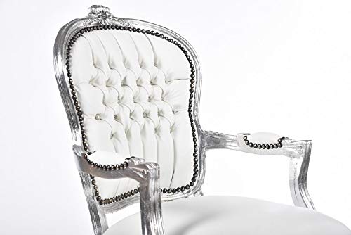 Poltrona Barocco Stile Luigi XVI - Bianca E Argento, Ecopelle, 63x65x94 Cm, Per Salotto O Attività - Foto 2