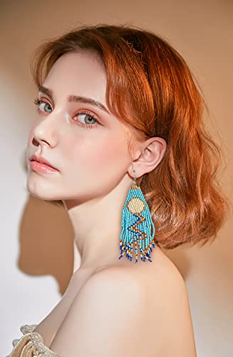 Long Beaded Tassel Earrings Classic Fringe Drop Earrings Bohemian Handmade Seed Bead Tribal Dangle Earrings