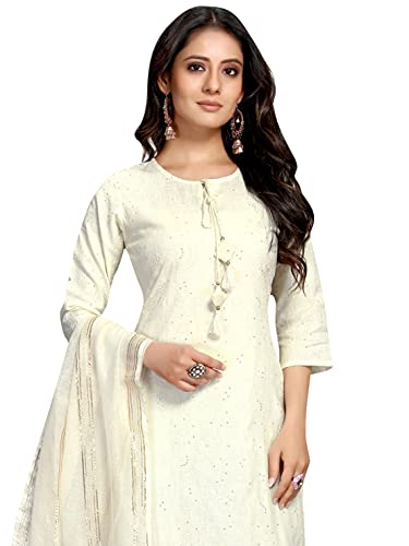 Image of Rajnandini Women's Pure Cambric Cotton Embroidered Kurta Set With Dupatta (JOPLVL214-S Off-White S)