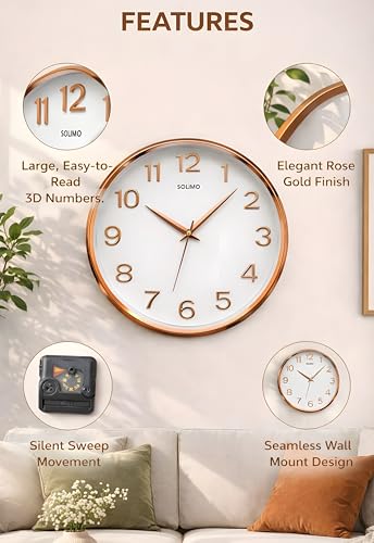 Image of Amazon Brand - Solimo 12 Inches Silent Wall Clock for Living Room Bedroom Office Plastic Easy to Read 3D Numbers Modern Stylish Sweep Movement Wall Clock for Home 1603DX (Rose Gold)