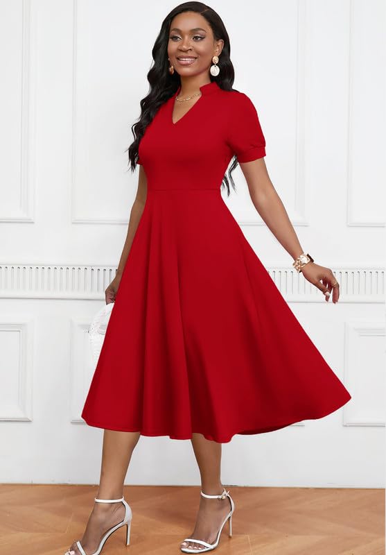 Womens Short Puff Sleeve V Neck Casual Semi-Formal Cocktail Party A-Line Dress3