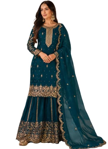 Image of Women's Ethnic Plazzo Suit Set with Kurta & Dupatta | Fendy Fabric Embroidered Kurta Set | Round Neck 3 /4 Sleeve Dress | Elegant Outfit
