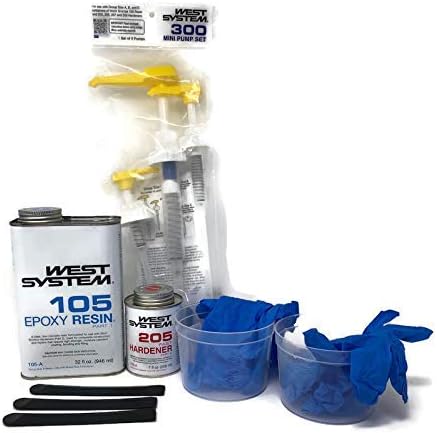 West Systems Epoxy Bundle Kit, Easy to use 105-A Resin, 205-A Hardener, Metered Pump Set, Reusable Graduated Clear Mixing Cups and Mixing Sticks, Disposable Gloves
