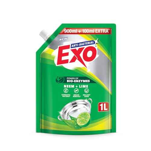 Image of Exo Dishwash Liquid Refill Pack | Neem & Lime | Tough Grease Removal for Utensils | Anti-Bacterial Dishwashing Liquid | Bio-Enzyme Liquid Dishwash | No Residue Cleaning - 1L