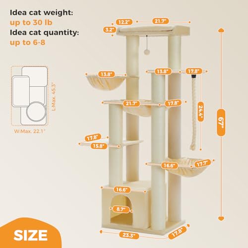 Image of MUTTROS Heavy Duty Cat Tree-67 Tall Cat Tower for Indoor Cats Large Adult with 7 Thick Sisal Scratching Posts (φ4.3), Multi-Level Condo, Big Perch & Hammocks for Maine Coon 20 lbs -Beige