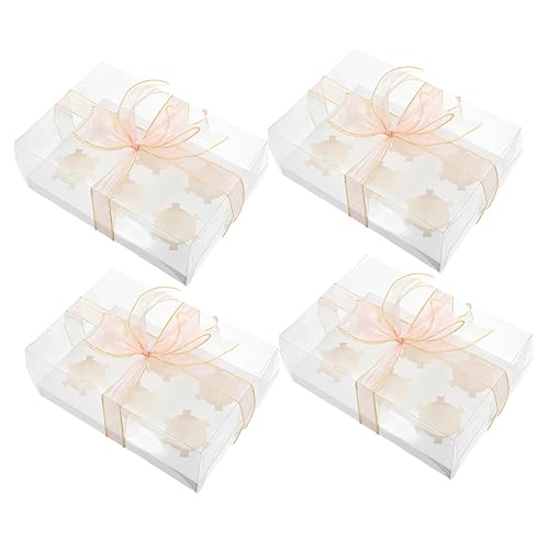 BESTYASH 4pcs Clear Bakery Boxes for Muffins and Pastries Transparent Dessert Packaging with Ribbon for Stylish Presentation