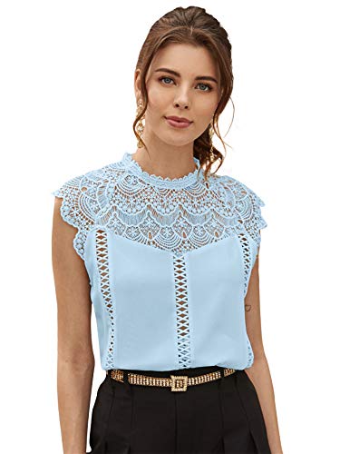 SheIn Women's Elegant Cap Sleeve Keyhole Contrast Lace Blouses Tops Baby Blue Large