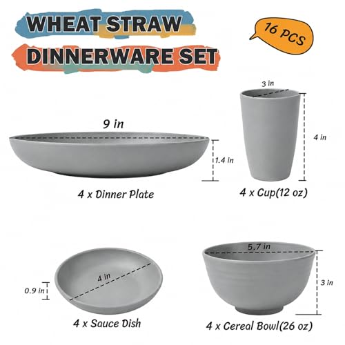 Image of Kids Wheat Straw Dinnerware Sets for 4, 16 Piece Unbreakable Dinnerware Set, Kids Plates and Bowls Sets, Kitchen Plates and Bowls Set, Lightweight Dish Set for Party, Camping,RV - Grey