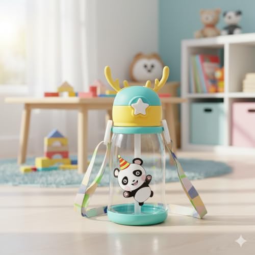 Image of YBN Cartoon Water Bottle with Straw & Strap - BPA Free, Leak-Proof, Non-Toxic, Perfect for Kids' School and Home 500ml