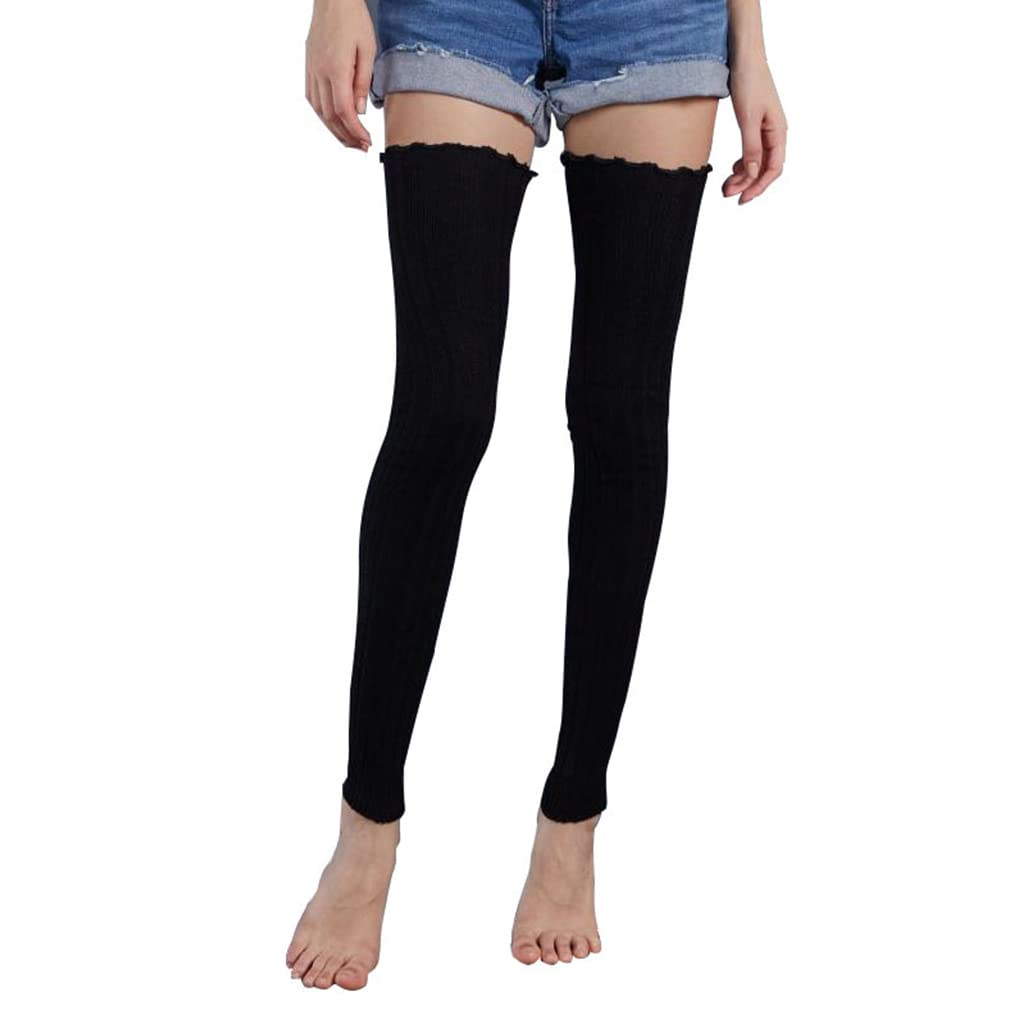 Women Ribbed Knit Leg Warmers Winter Warm Ruffled Over Knee Thigh High Socks