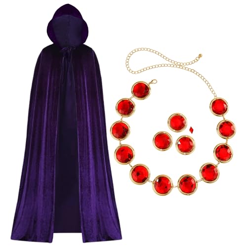Alaxciax Purple Cape with Red Gem Waist Belt, Purple Cloak with Hood Anime Cosplay Halloween Costume Accessories for Women