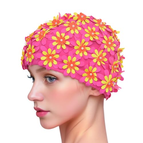 Medifier Bonnet de bain à fleurs avec pétales pour femme Style rétro , rose rouge
