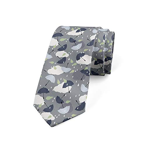 Ambesonne Men's Tie, Rain and Umbrella Patterns, 3.7', Pale Green and White