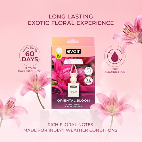 Image of Evair Car Air Freshener with Essential Oils Fragrance in Glass Bottle with Wooden Diffuser Lid | 10 ml - Pack of 1 (Oriental Bloom)