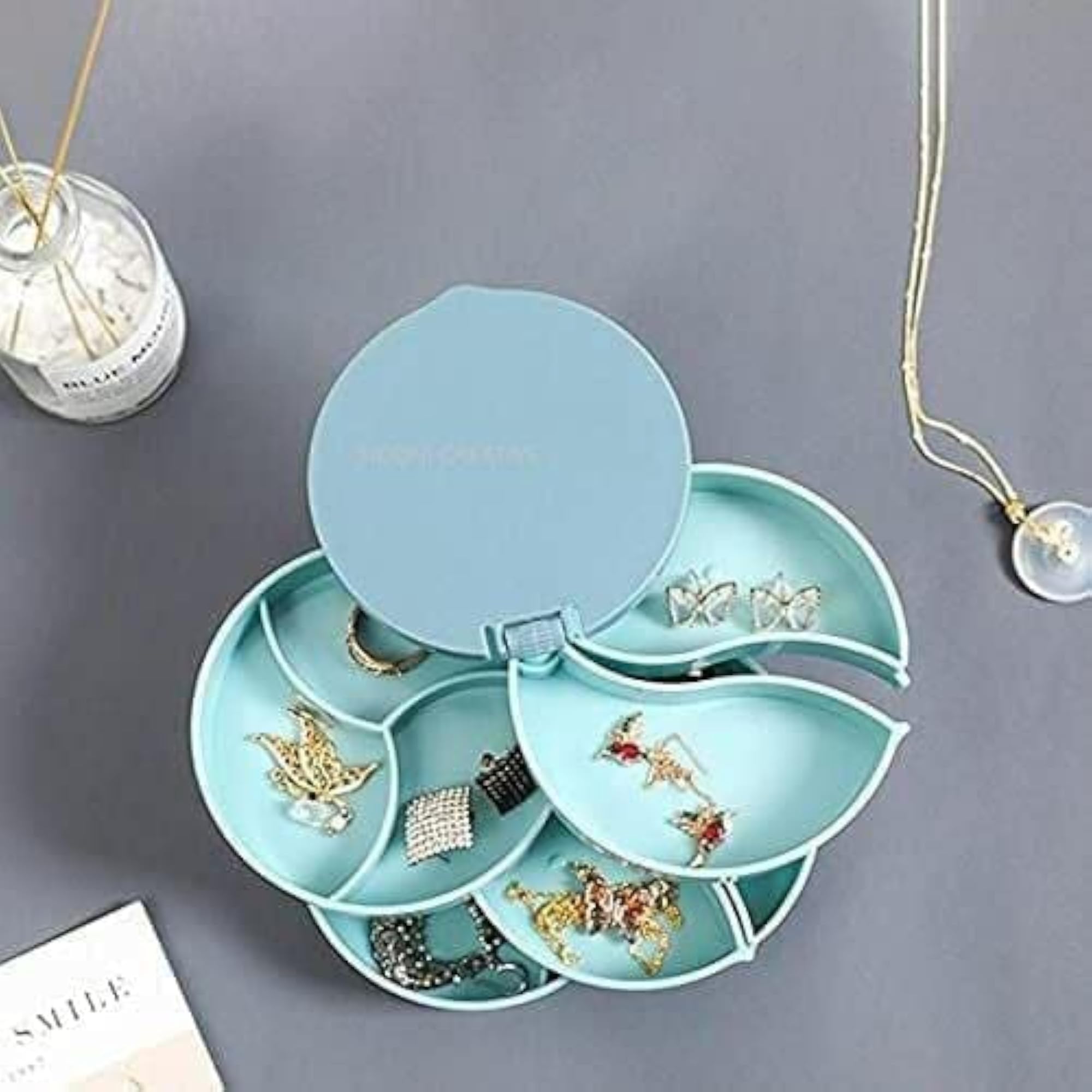4 Layer Rotating Jewellery Organizer Box with Mirror, Desktop Storage