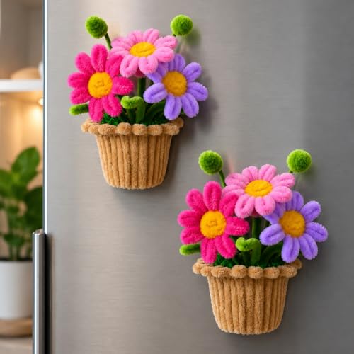 Image of XANTHIC 2Pcs Handmade Flower Pot Fridge Magnet | Colorful Chenille Flower Refrigerator Magnet | Cute Kitchen Decor Accessory | Decorative Floral Home & Office Decoration Gift