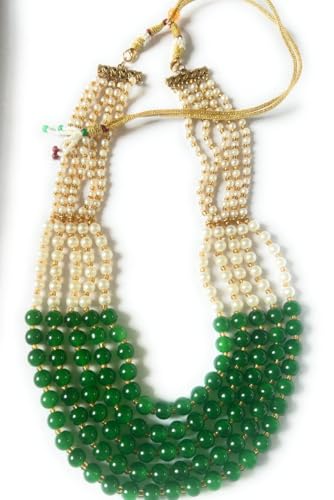 Image of Multi-Strand Pearl Necklace, 5-Layer Traditional Design, Gold-Tone Finish, Beaded Adjustable Cord