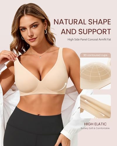 Vinfact Jelly Wireless Bras for Women Seamless Deep V Bralette No Underwire Support Comfortable T-Shirt Bra Black Nude Pink M - 4