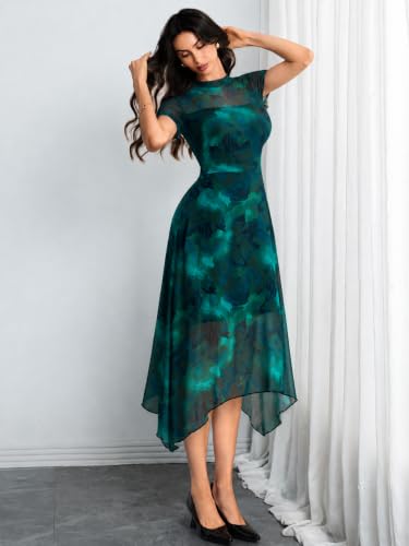 Image of GothDark Women Summer Wedding Guest Floral Mesh Irregular Hem Midi Dress | A-Line, Short Sleeve, Sheer Mesh Overlay, Elegant Vintage Dresses For Party, Semi Formal, Vacation, Dinner, Church