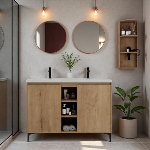 Image of Freestanding Bathroom Vanity, 48 inch Bathroom Storage Cabinet with Double Resin Sinks, 2 Soft-Close Doors & 3 Open Storage Shelves, Floor Vanity with Extra Three-Layer Spacious Shelves, Oak