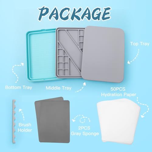 Silicone Stay Wet Palette for Acrylic Miniature Painting, Paint Tray Palettes with Lid, 50PCS Pallet Paper, 2PCS Sponges and A Brush Holder