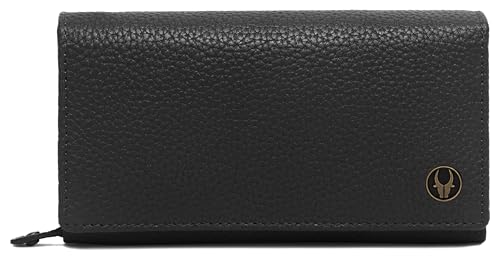 Image of WildHorn Women's Genuine Leather RFID Blocking Wallet | Tri-Fold High-Capacity Ladies Purse with Card Slots, Zipper Coin Pocket & Snap Closure | Ideal Gift for Women (Black)