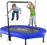 Ancheer Mini Trampoline for Kids Indoor, Double Kids Trampoline with Adjustable Center Handlebar, 56'X36' Rebounder Trampoline Foldable, Max Load 220 LBS,Blue