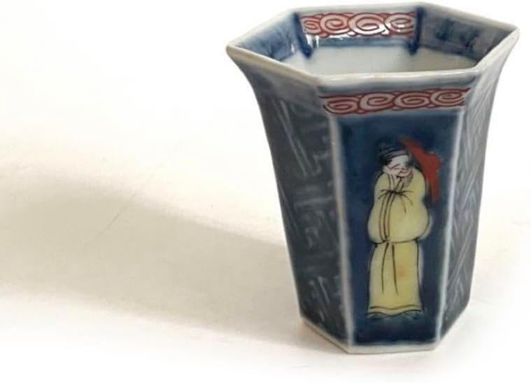 骨董 アンティーク 古伊万里 染付 色絵 文人図 六角杯 筒杯 覗き猪口