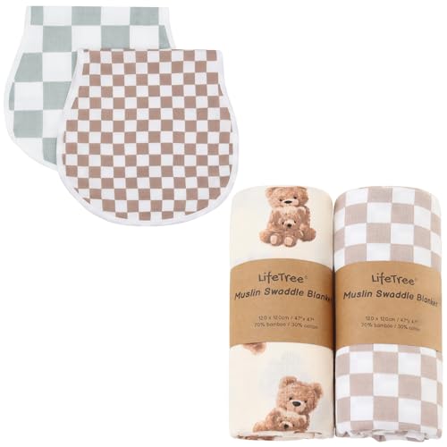 Image of LifeTree Muslin Swaddle Blankets, Baby Burp Cloths for Boys Girls Neutral Newborn, Soft 70% Viscose from Bamboo and 30% Cotton Checkered