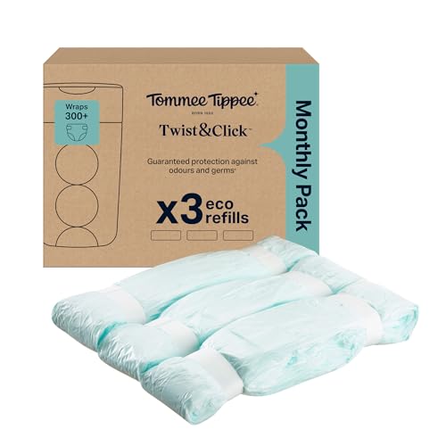 Tommee Tippee Twist & Click Nappy Bin Refills, Pack of 3, each 10.5 metres, Multilayer, Antibacterial* Film, Designed to Slot into Your Existing Twist & Click Nappy Bin Cassette (3 X 10.5m)