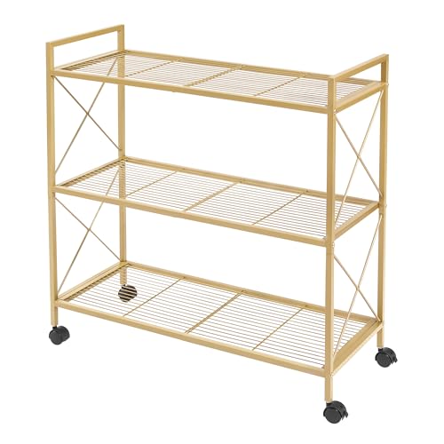 Image of SONGMICS 3-Tier Metal Storage Rack with Wheels, Mesh Shelving Unit with X Side Frames, 31.5-Inch Width, for Entryway, Kitchen, Living Room, Bathroom, Industrial Style, Metallic Gold UBSC183A01