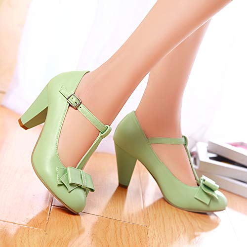 Image of Elbslutt Women's Cute Retro Rockabilly Shoes T Strap Mary Janes Heels Chunky Cosplay Shoes Sweet Block Heeled Bow Pumps