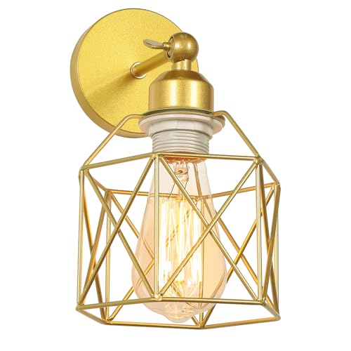 2 pack Applique da Parete Vintage Industriale Nero Diamante Gabbia in Metallo Plafoniera Apparecchio Retrò Applique Interna Decorazione per Soggiorno Cucina Corridoio Camera da Letto Caffè Bar (Oro-1