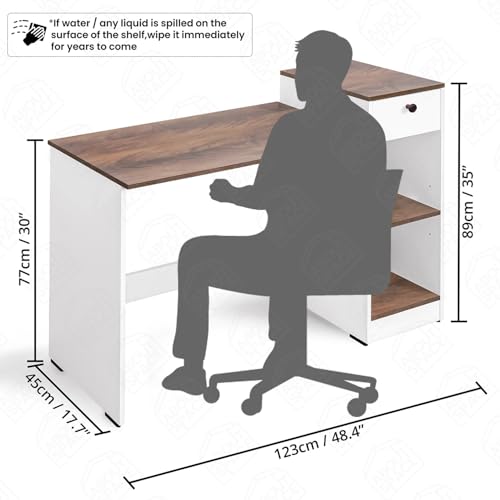 Image of ABOUT SPACE Study Table with Drawer - Computer Table with Bottom Storage Space DIY Engineered Wood Office Desk with 2 Adjustable Shelves for PC Laptop Gaming (White, Walnut - L 123 x B 45 x H 89 cm)