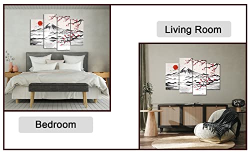 Lyerartork 4 Panel Japanese Ink Painting Wall Art Mount Fuji With Moon Pictures Wall Decor Cherry Blossom Canvas Print Japan Traditional Artwork For Living Room Bedroom Decoration thumb #7
