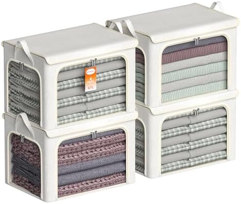 4 Pack Clothes Storage Bins with Metal Frame - Stackable Storage Box with Lid,66L Foldable Storage Container Organizer for Clothes,Linen Fabric Storage Box with Clear Window&Zipper